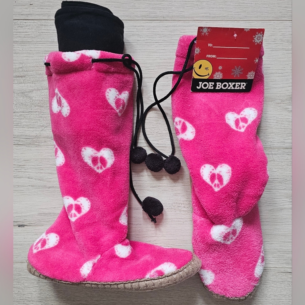 Joe Boxer Pink Heart Peace Fleece Slipper Boots NWT + Black Leggings Set